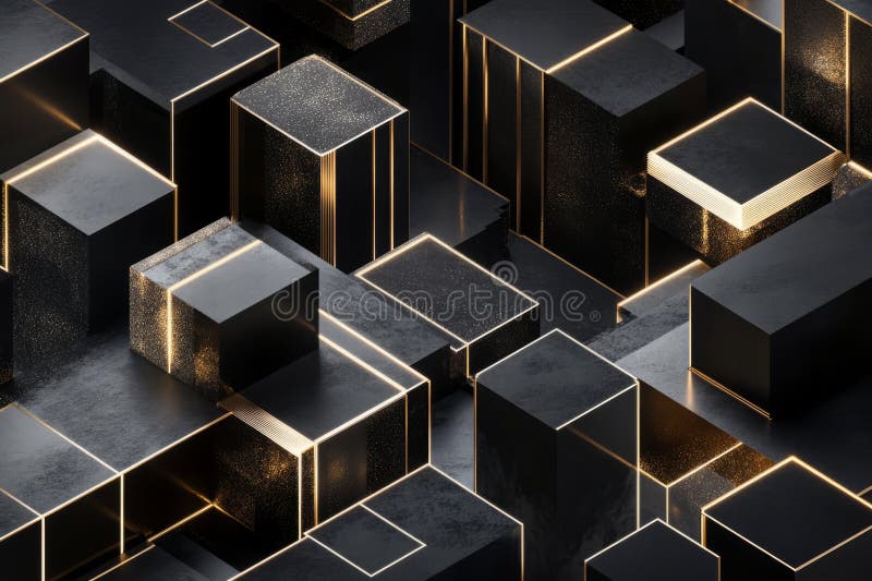 Abstract cubes arranged into a geometric grid, all rendered in sleek black and gold, with soft royalty free stock photo
