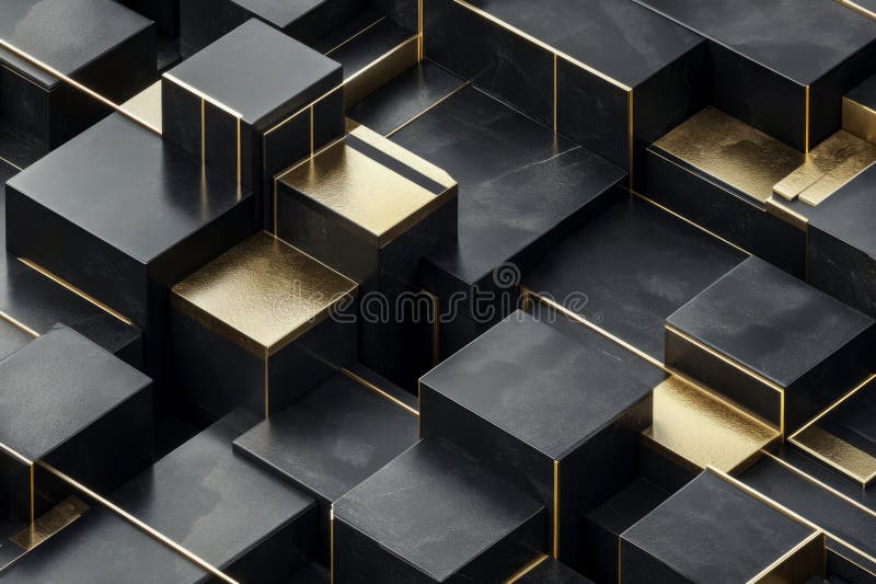 Abstract cubes arranged into a geometric grid, all rendered in sleek black and gold, with soft royalty free stock photography