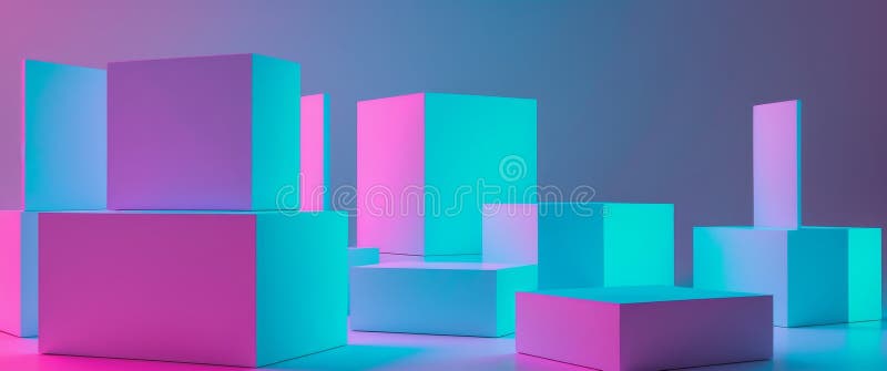 Abstract Cubes Arranged with Neon Lighting in Cyan and Magenta Colors. stock photo
