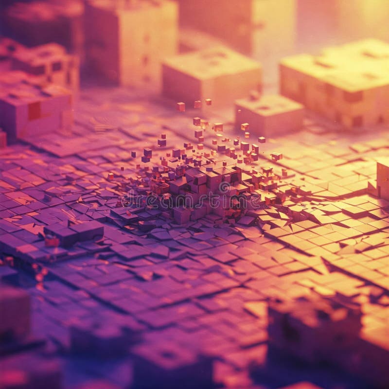 Abstract cubes are destroyed in the center of the digital surface. stock image