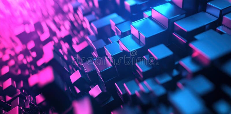 Abstract Cubes Form a Digital Landscape with Neon Lighting. Abstract Theme stock image