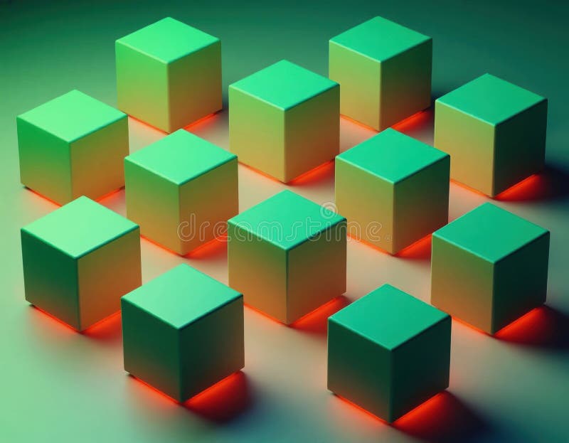 Abstract cubes and polygons glowing from within in a digital structure. royalty free stock image
