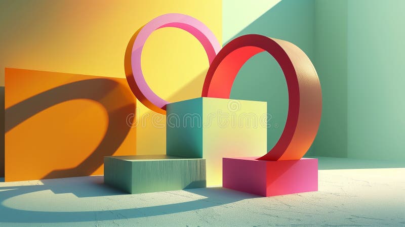 Abstract cubes and rings artwork illustration, stock image.