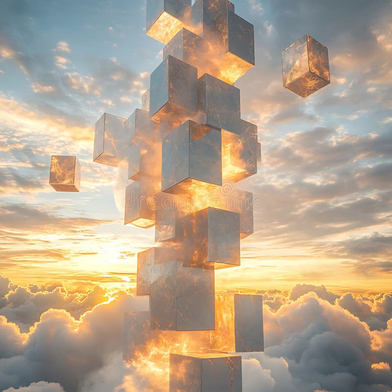Abstract cubes rising in a dynamic sunset sky royalty free stock images