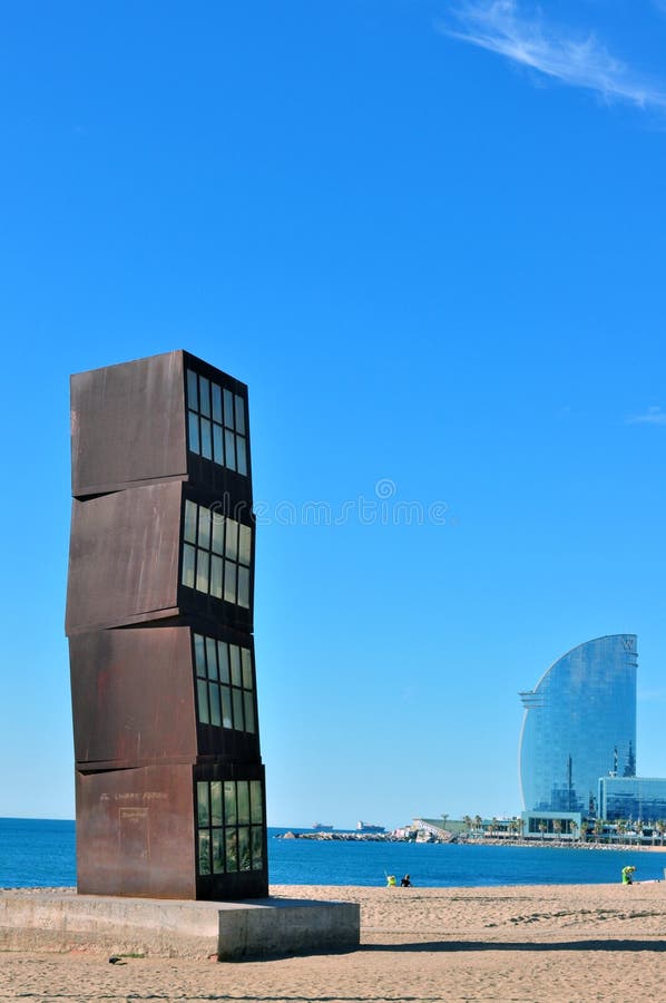 Abstract cubes sculpture in city and beach royalty free stock photography
