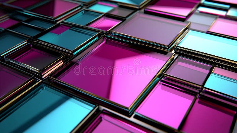 Abstract cubes, translucent in nature and colored in fuchsia and teal hues, sit on a gradient background royalty free stock photography