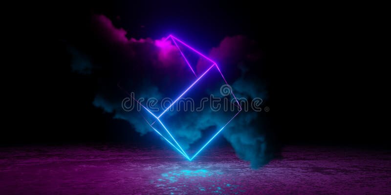 Abstract cyan blue and pink neon glowing wireframe cube with large smoke cloud and shiny floor royalty free illustration