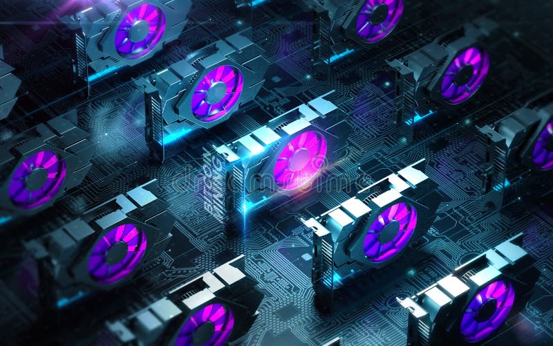 Abstract cyber space with multiple gpu videocards farm. Blockchain Cryptocurrency Mining Concept. 3D render vector illustration Abstract cyber space with multiple gpu videocards farm. Blockchain Cryptocurrency Mining Concept. 3D render vector illustration