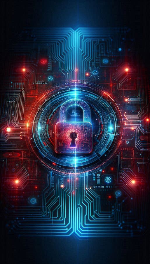Abstract cybersecurity concept, glowing digital lock over circuit board, matrix binary code in background, high tech UI royalty free illustration
