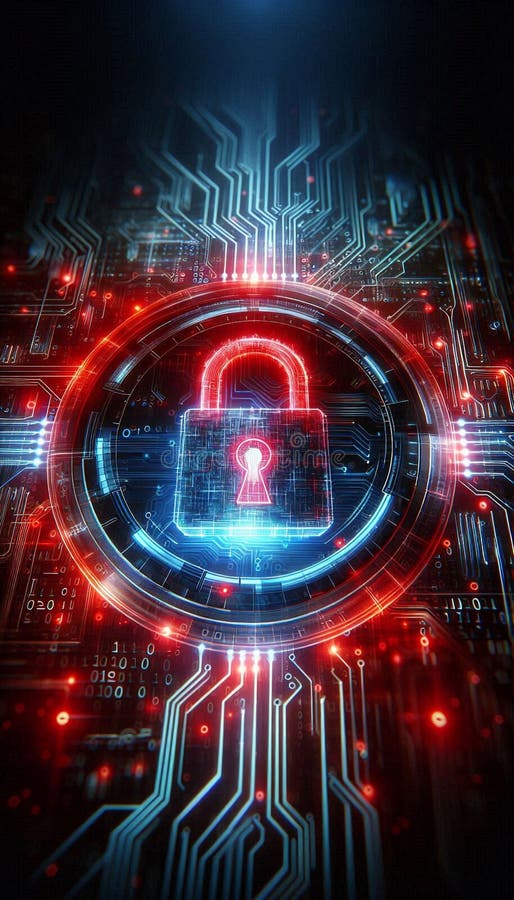 Abstract cybersecurity concept, glowing digital lock over circuit board, matrix binary code in background, high tech UI vector illustration