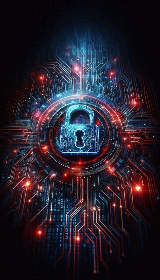 Abstract cybersecurity concept, glowing digital lock over circuit board, matrix binary code in background, high-tech UI vector illustration