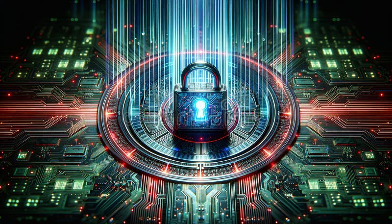 Abstract cybersecurity concept, glowing digital lock over circuit board, matrix binary code in background, high tech UI stock illustration