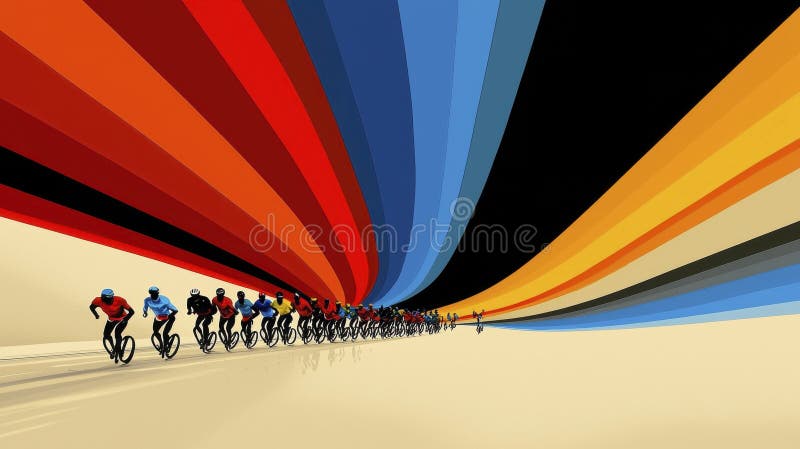 Abstract Cyclists Racing Towards Multicolored Radiating Finish Line royalty free illustration