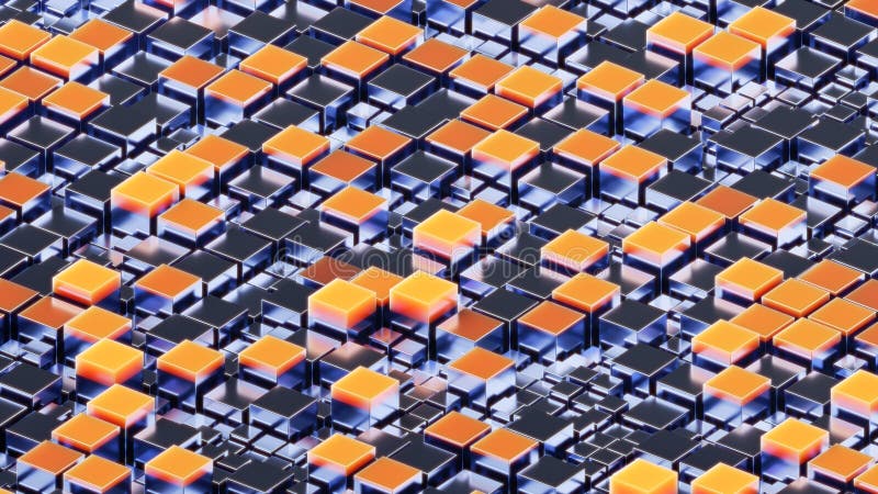 Abstract 3D background as a grid of reflective cubes. Orange cubes form peaks rising from a base of bluish-silver cubes vector illustration