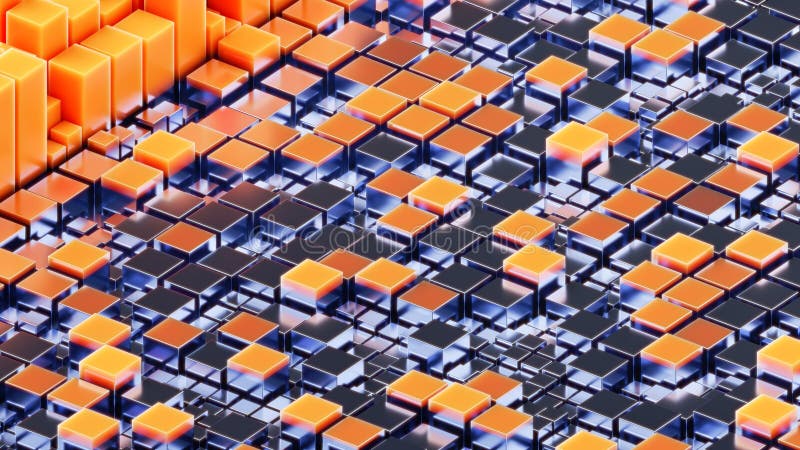 Abstract 3D background as a grid of reflective cubes. Orange cubes form peaks rising from a base of bluish-silver cubes stock illustration
