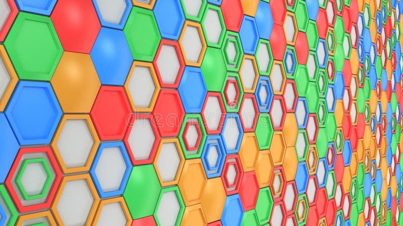 Abstract 3d background made of blue, red, green and orange hexagons on white background