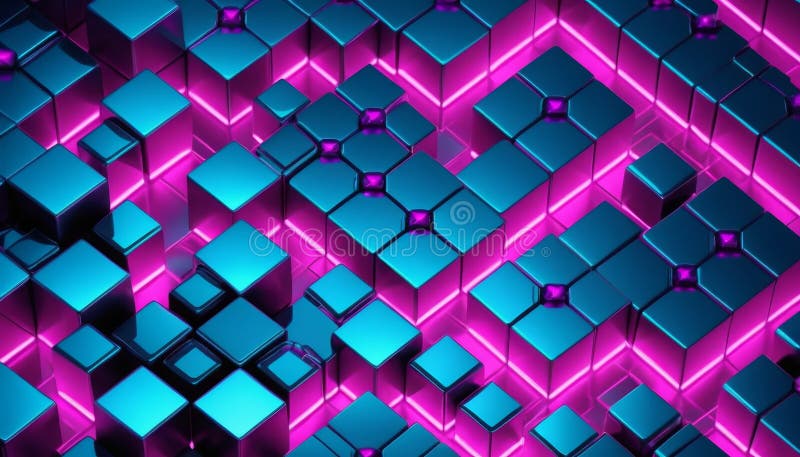 Abstract 3D Background: Neon Pink and Teal Cubes Geometric Pattern royalty free illustration