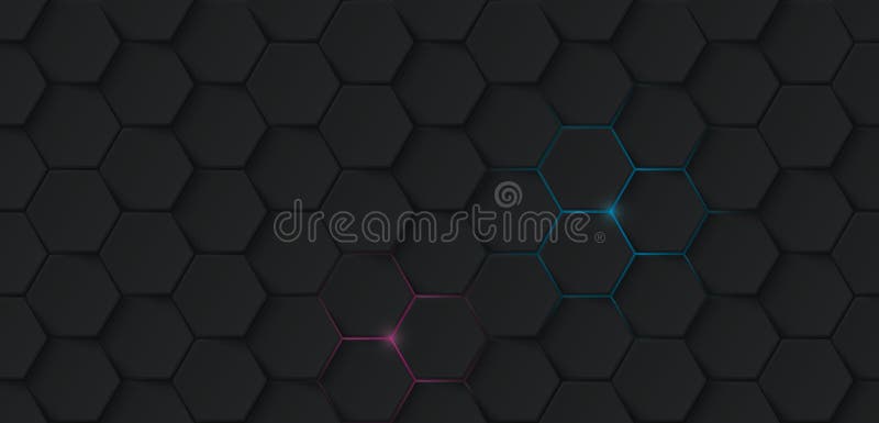 Abstract 3D black hexagonal pattern with a small pink and blue light glowing out from the back stock illustration