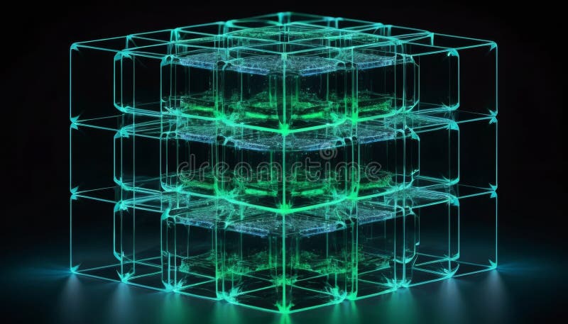Abstract 3D Cube Structure with Glowing Neon Green and Blue Lines, Dark Background stock illustration
