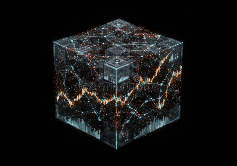 Abstract 3D Data Cube Visualization with Glowing Lines stock illustration