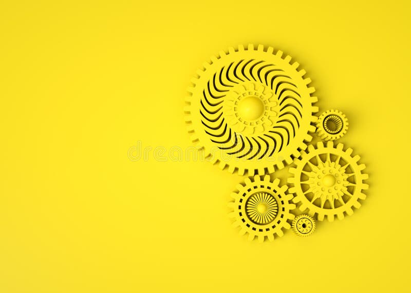 Abstract 3D Geometrical Design. Composition of yellow gears on yellow background. Monochrome. Mechanical technology machine stock illustration