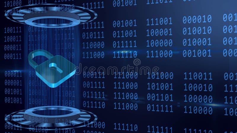 Abstract 3D graphic illustration on blue binary code background - shining light beam in cylinder shape with floating padlock royalty free illustration