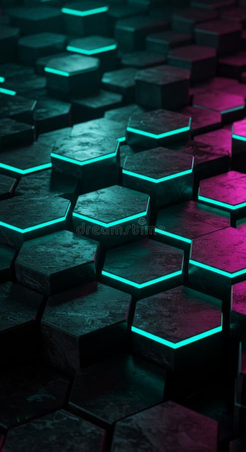 Abstract 3D Hexagon Pattern with Neon Lights vector illustration