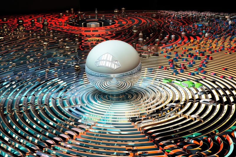 Abstract 3D illustration of a sphere surrounded by colorful circuit boards. , generative ai royalty free illustration