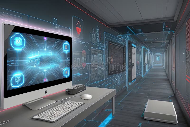 Abstract 3D like image showing advanced futuristic laboratory or work space or Control and Command Center of Computer Technology royalty free illustration