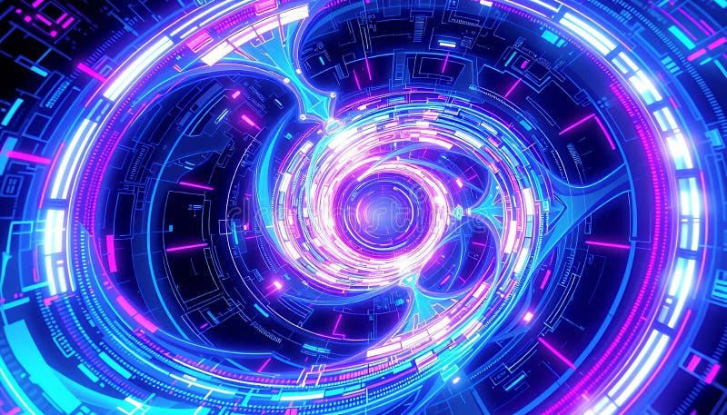 Abstract 3D Neon Vortex z wirującymi niebieskimi i fioletowymi światłami w ciemnym tle technologicznym Intensywna jasność dla sztu royalty ilustracja