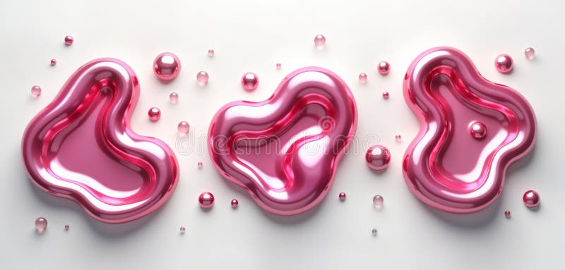 Abstract 3D pink liquid fluid metal chrome holographic forms. Shiny futuristic design elements on transparent background. Modern,. Modern creative shapes. Pink chrome liquid forms arranged in. AI generated.