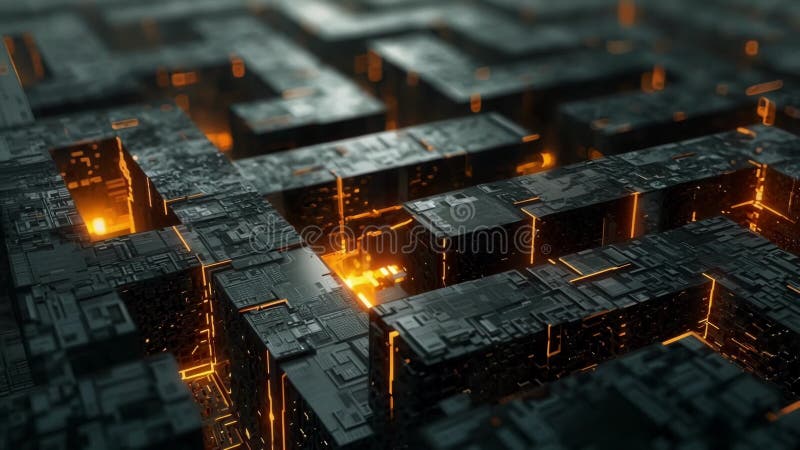Abstract 3d illustration of cubes creating a maze with orange lights royalty free illustration