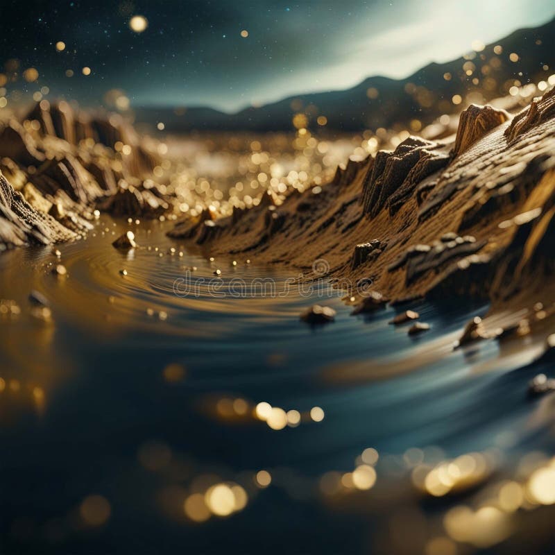 Abstract 3d render of golden spheres in the desert. Computer generated graphics.