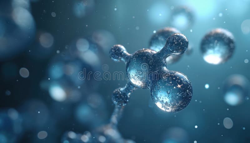 Abstract 3D render of water molecule structure with hydrogen, oxygen atoms bonded together. Microscopic view shows transparent blue liquid, crystal clear droplets, light refraction. Oxygen molecule blue illustrations