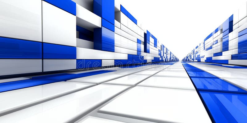 Abstract 3D Rendering Blue and White Geometric Corridor Nowoczesna technologia architektury ilustracja wektor