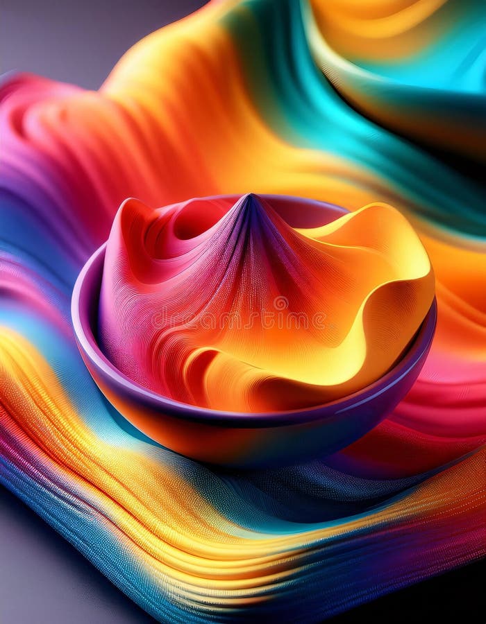Abstract 3d rendering of a colorful wave pattern forming a peak in a bowl stock illustration