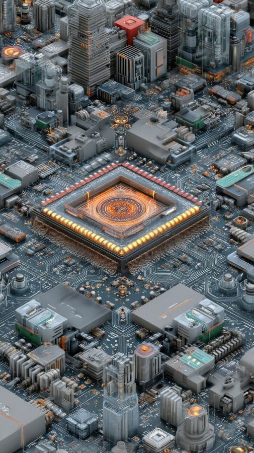 Abstract 3D Rendering of a Complex Circuit Board stock illustration