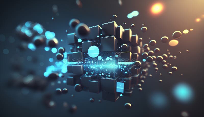 Abstract 3d rendering of geometric shape with glowing particles. Technology background. stock illustration