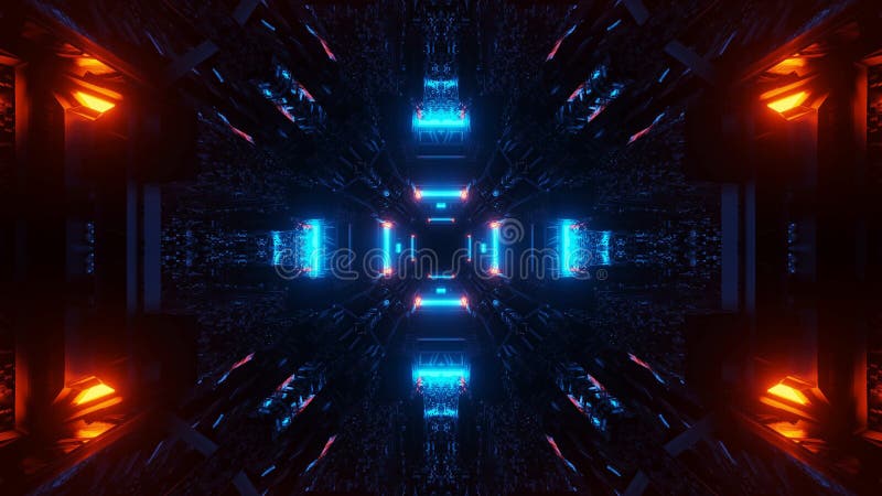 Abstract 3d rendering illustration with blue pink and orange neon lights stock illustration