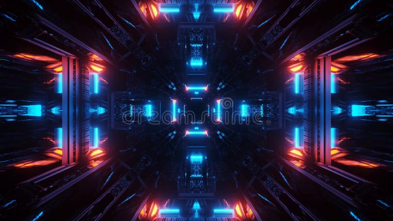 Abstract 3d rendering illustration with blue pink and orange neon lights royalty free illustration