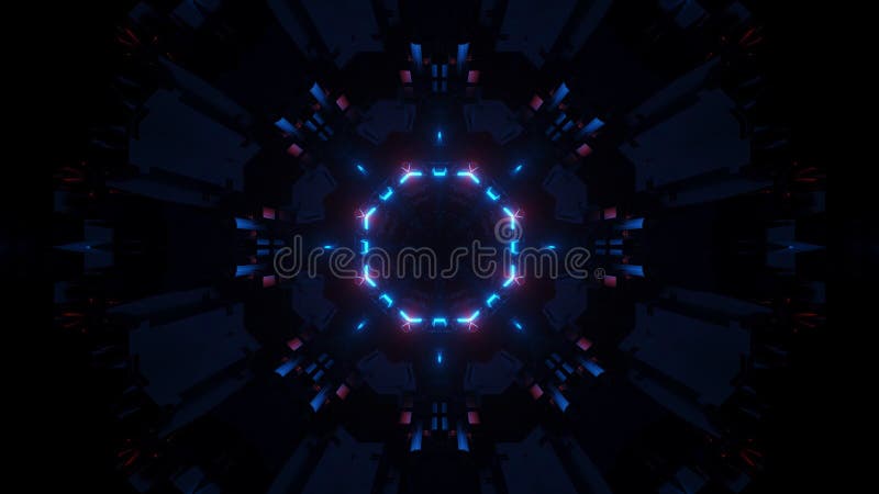 Abstract 3d rendering illustration with geometric shapes and blue and pink glowing neon lights royalty free illustration