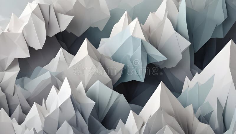 Abstract 3D rendering of a low-poly landscape with sharp, angular peaks in shades of white and blue, resembling icy vector illustration