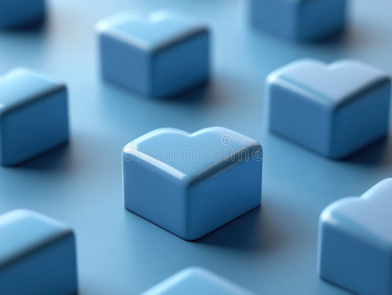 Abstract 3D rendering of multiple light blue heart-shaped cubes on a blue background stock photos