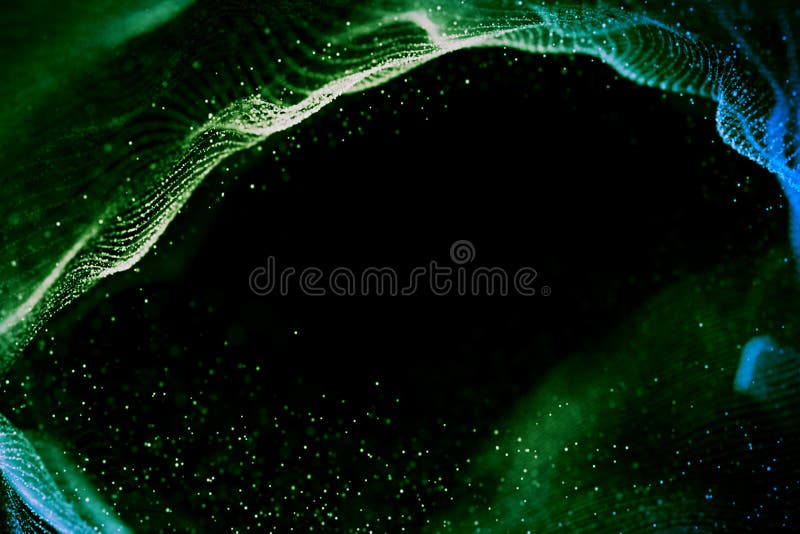 Abstract 3d rendering technology plexus green dynamic digital surface on black background, geometrical shape with green lines royalty free illustration.