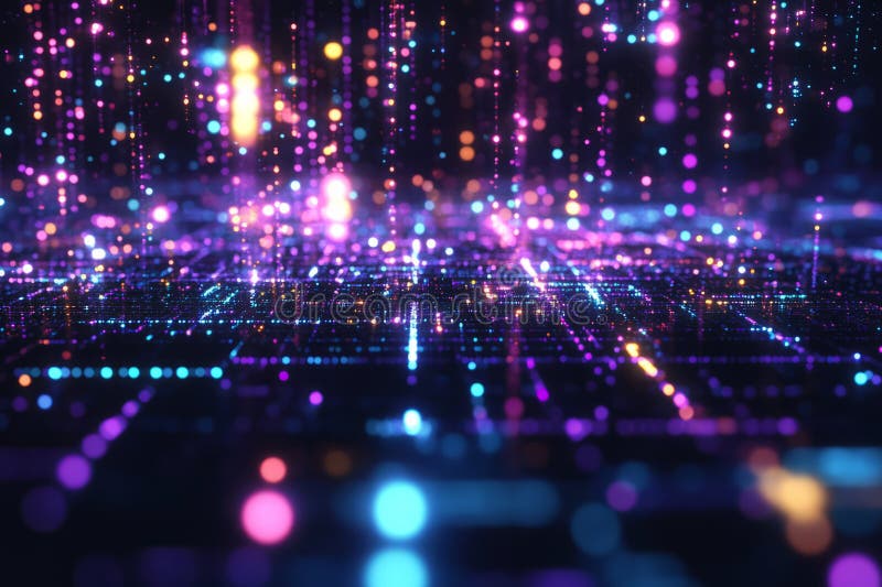Abstract 3D visualization of quantum computing technology, floating particles forming a glowing grid royalty free stock photography