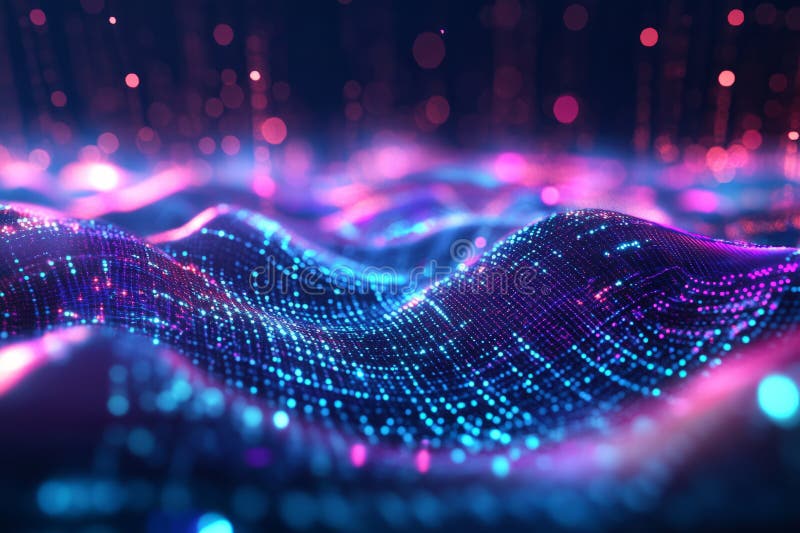 Abstract 3D visualization of quantum computing technology, floating particles forming a glowing grid royalty free stock image