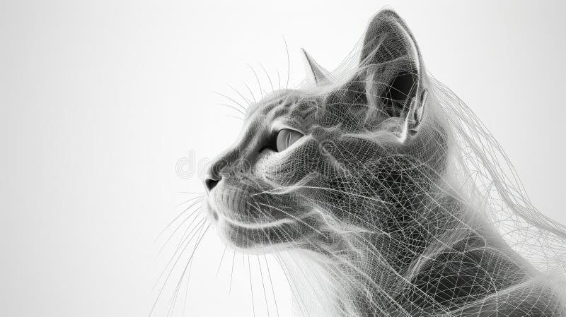 Abstract 3D wireframe render of a cat&#x27;s profile. stock illustration