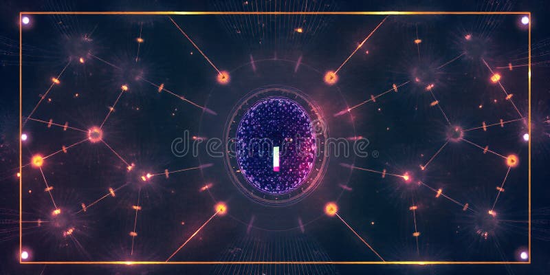 Abstract dark background with glowing lines circles and a central blue sphere element vector illustration