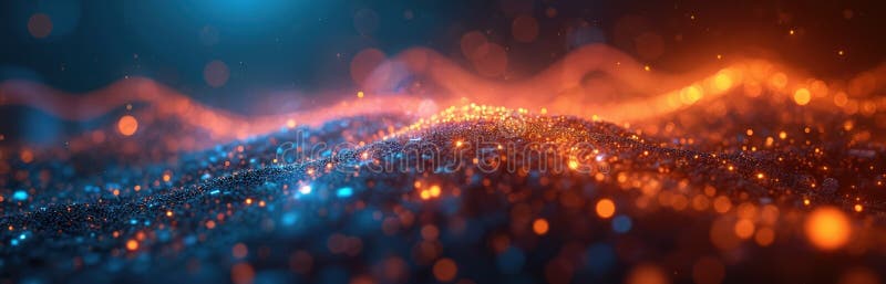 Abstract dark blue, orange background shows glowing light streams. Blurred dots evoke tech innovation, modern data visualization royalty free stock images