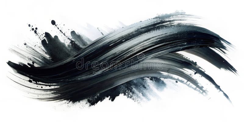 Abstract dark brushstrokes dynamic swirls of black and gray ink on white background. Generative AI royalty free illustration